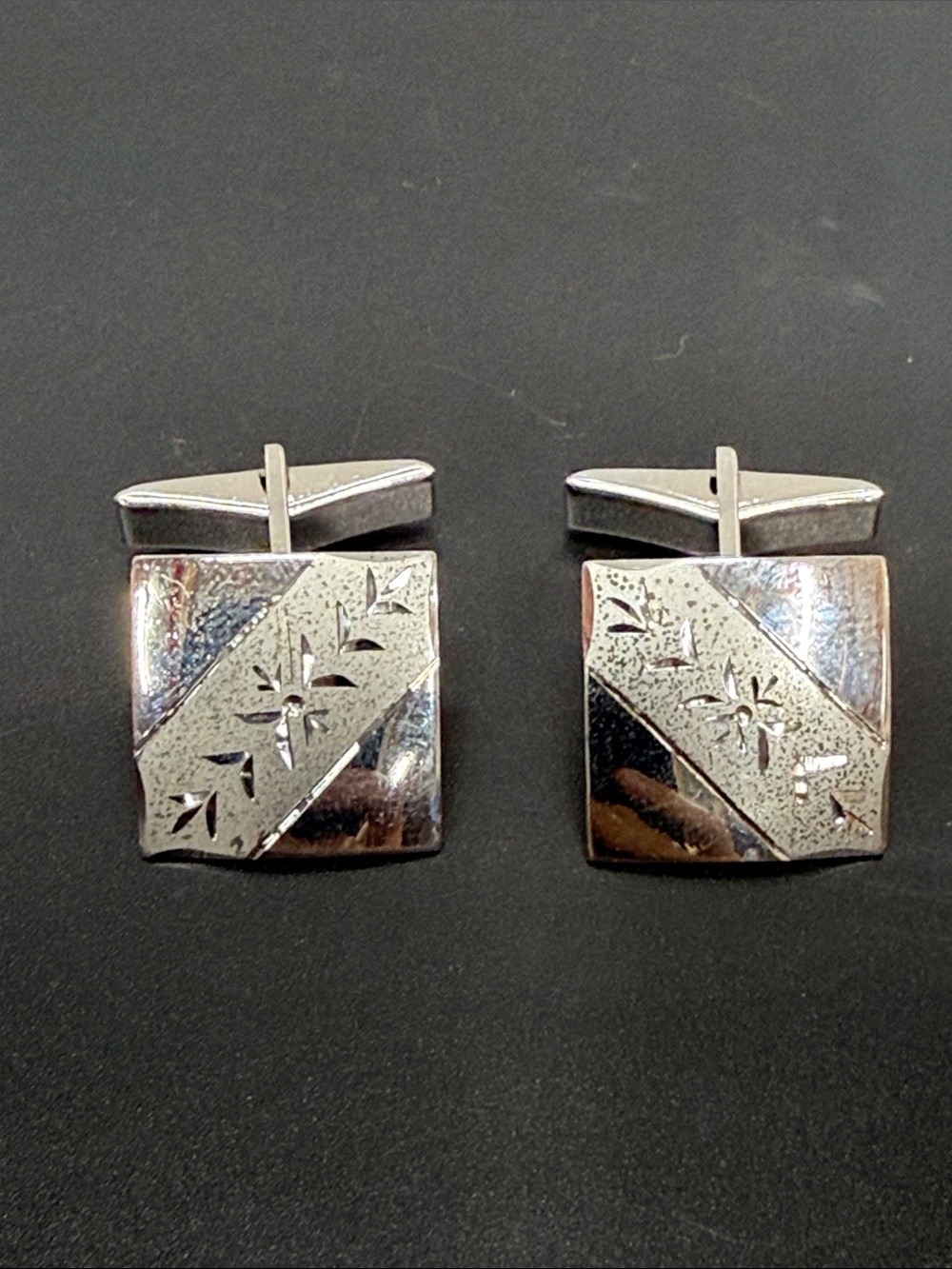 Sterling Silver Top Men's Square Cufflinks with Etched Diagonal Detail